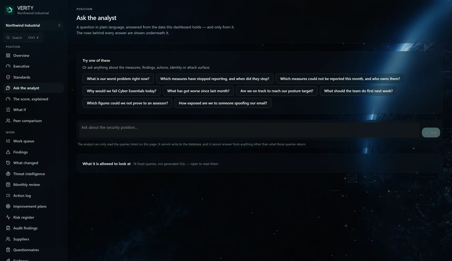 The Verity analyst question screen with the evidence rows behind an answer.